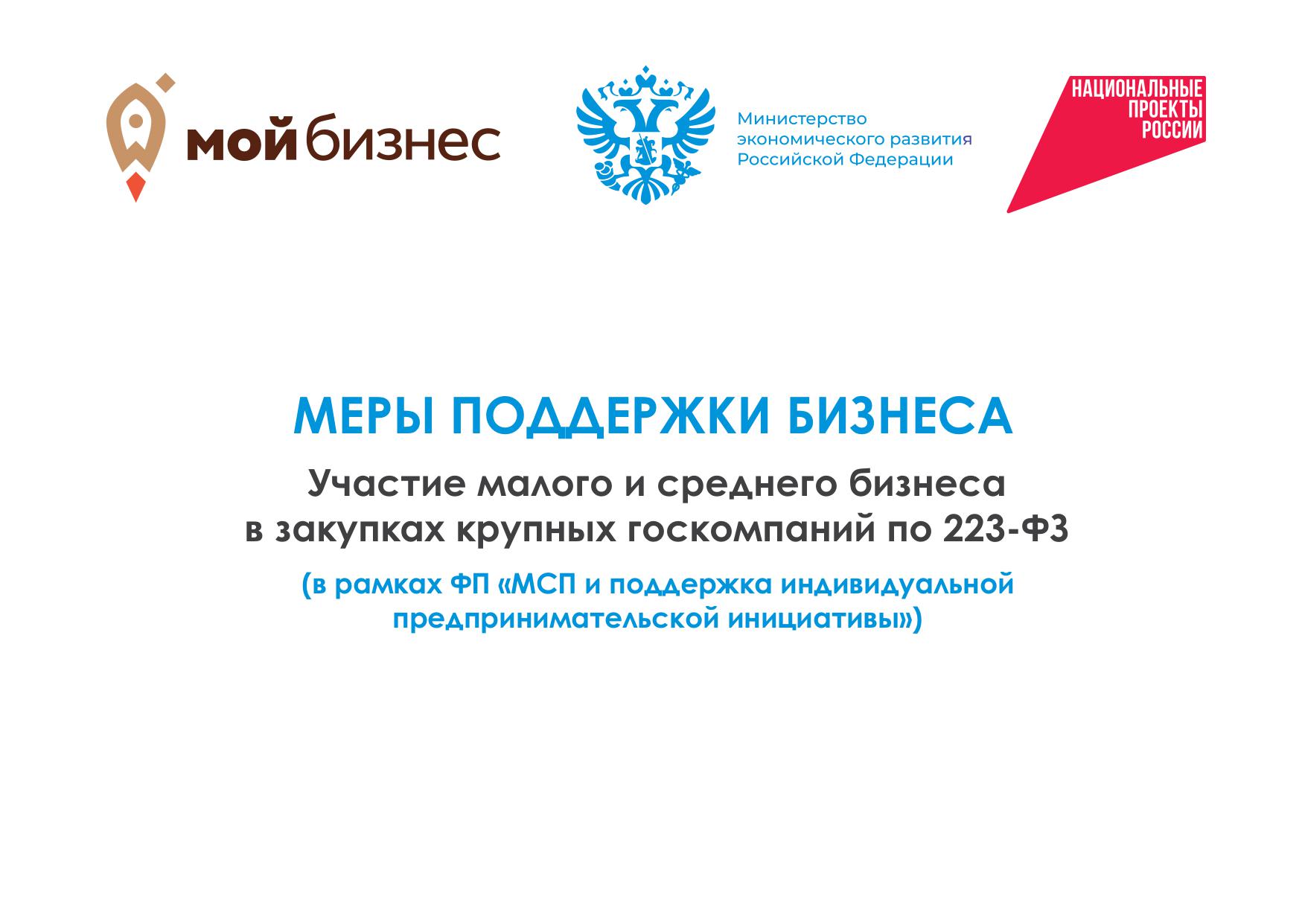Меры поддержки бизнеса Участие малого и среднего бизнеса в закупках крупных госкомпаний по 223-ФЗ.